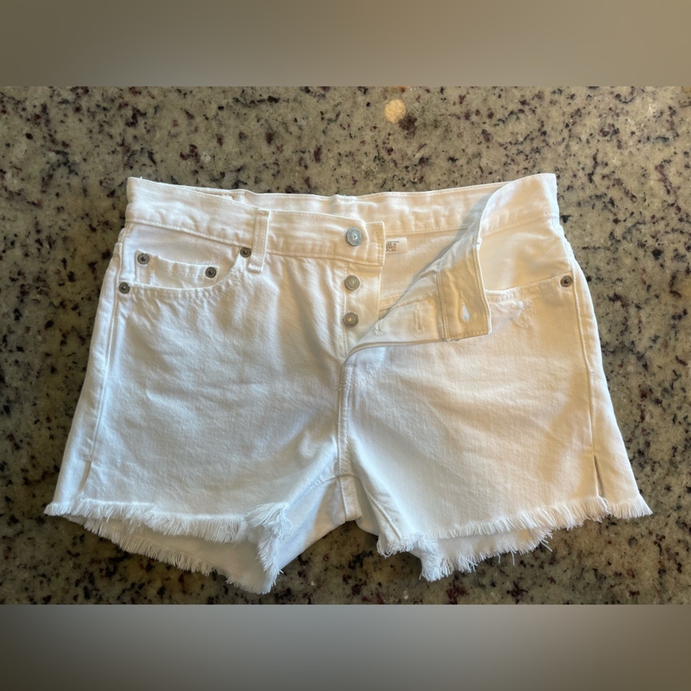 Women’s 501 Levi’s mid rise button butterfly white cutoff denim shorts size 25